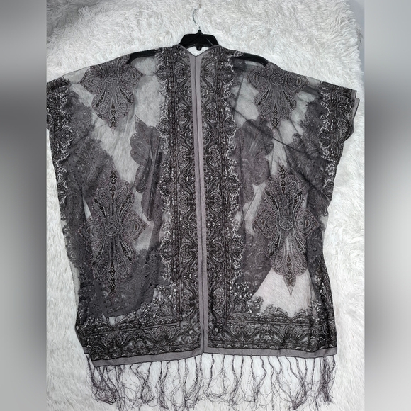Pretty Persuasions Burnout Paisley Print Kimono Jacket OS Boho Festival Fringed - Picture 3 of 11